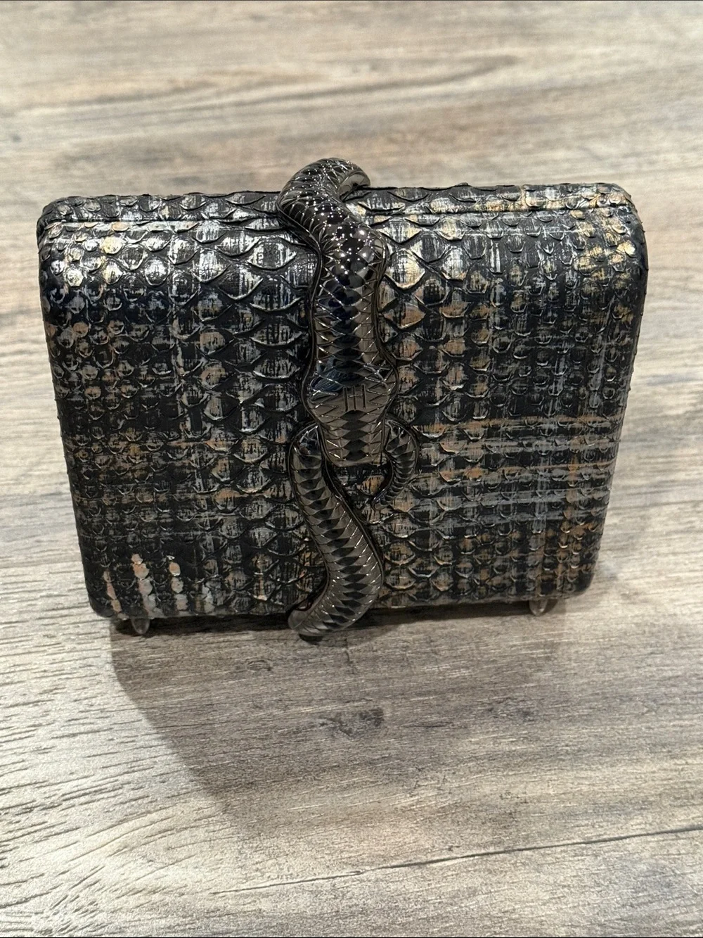 Jilly New York Black Metallic Exotic Skin Leather Clutch Bag w/ Dust Bag